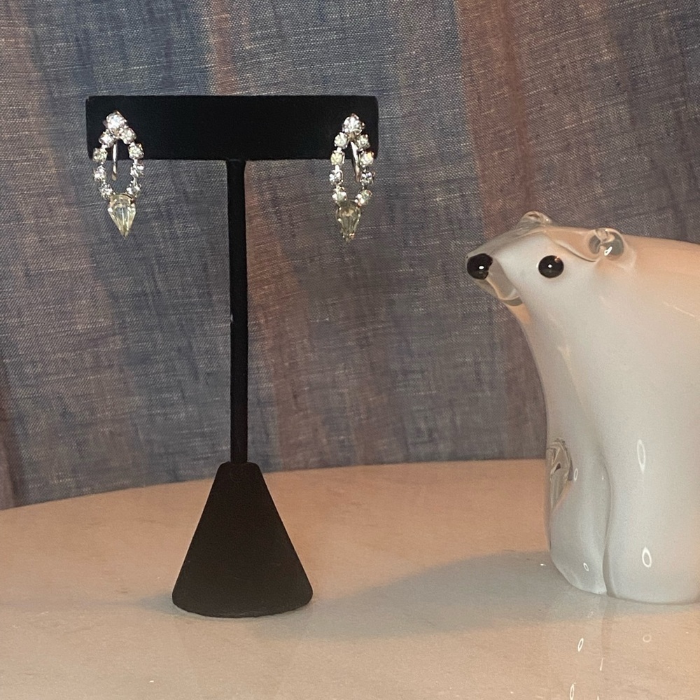 Vintage Clear Rhinestone Drop Earrings Screw Back Teardrop Crystal Mid-Century